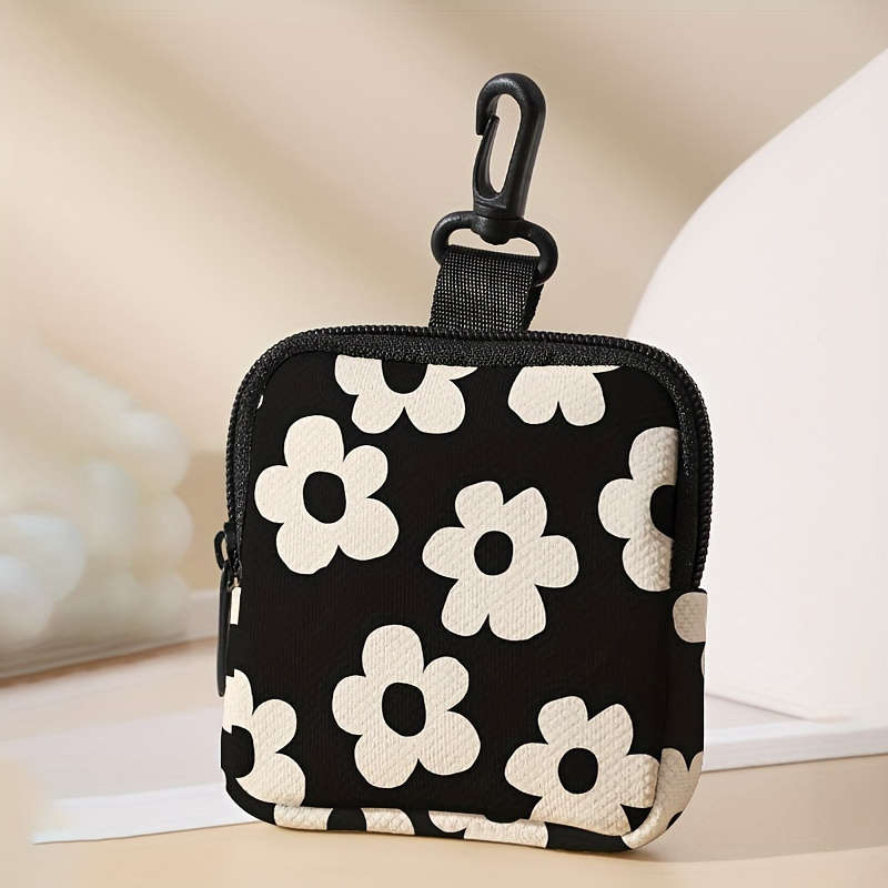 1pc Chic Black White Floral Pattern Coin Purse with Zipper Large Capacity Multi-Functional Han