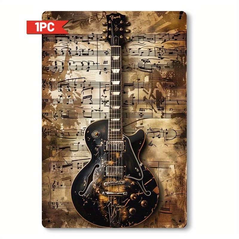 Room Decor  Vintage Iron Sign Guitar Musical Instrument Theme Retro Wall Decor 2D Flat P