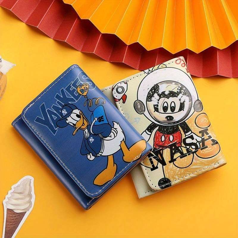 Disney Mickey Mouse Cartoon Wallet Short Three-Fold Coin Purse Id Card Holder Pu Mater