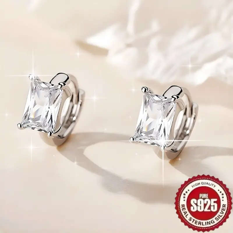 925 Sterling Silver Plated Retro Exquisite French Style, Rectangular Synthetic Zirconia Earrings