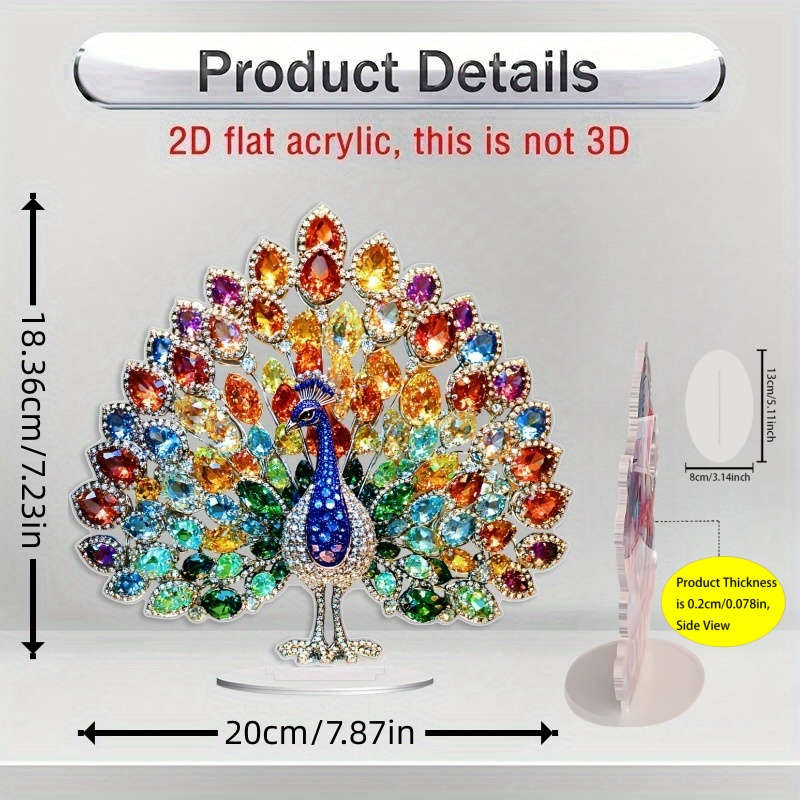 1pc 2D Flat  Vibrant  Acrylic Peacock Tabletop Display with Base Colorful Gemstone Design 18.3