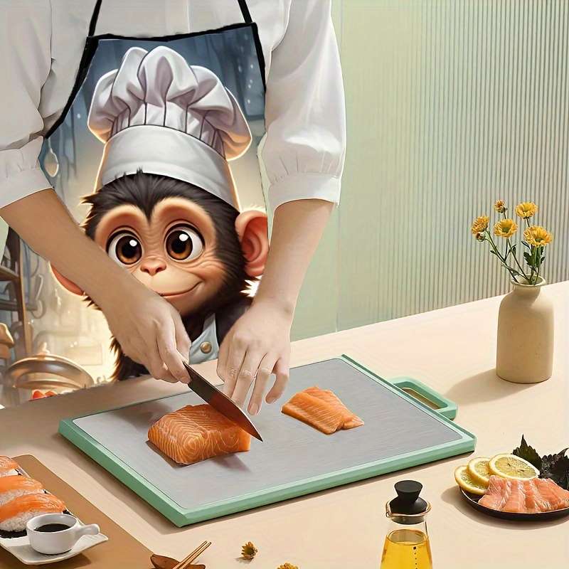 1pc Fun Monkey Chef Hat Printed Sleeveless Polyester Apron for Home Kitchen Baking Durable L