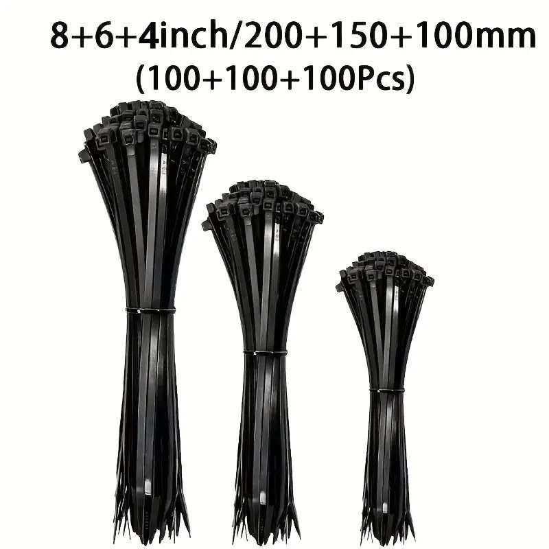 300pcs Durable Black Nylon Cable Ties - Adjustable Self-Locking Zip Ties