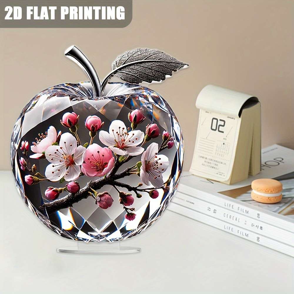 1pc 2D Flat   Printing Art Deco Acrylic Apple Statue with Cherry Blossom Design Universal Holida