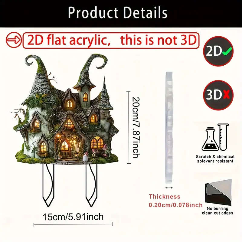 2D Flat Charming Fairytale Cottage Acrylic Garden Stake