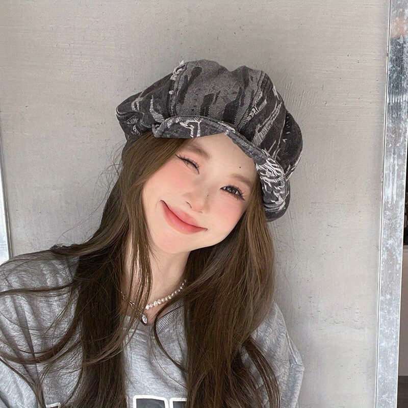 Vintage Distressed Cloud Pattern Beret Hat Acrylic Lightweight Painter Cap With Stripe Cra