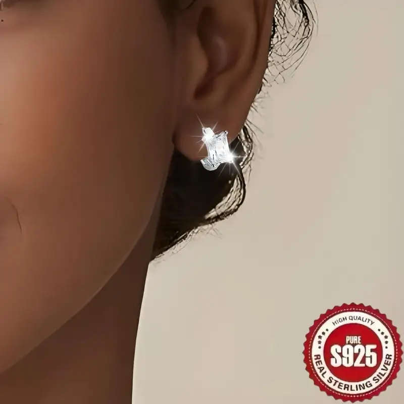 925 Sterling Silver Plated Retro Exquisite French Style, Rectangular Synthetic Zirconia Earrings