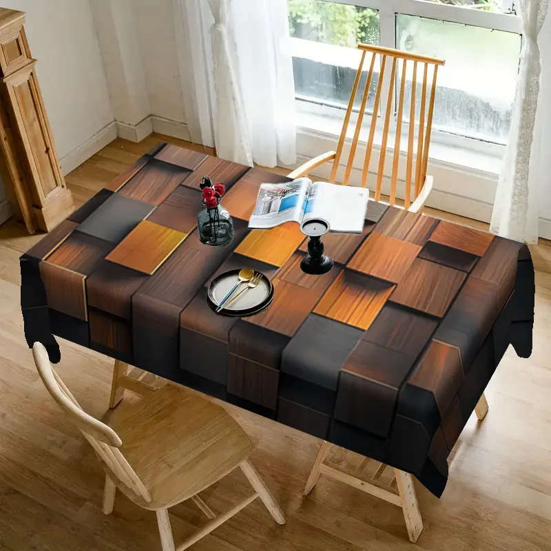 1 Piece Of Brown Square Pattern Printed Tablecloth 140*140cm