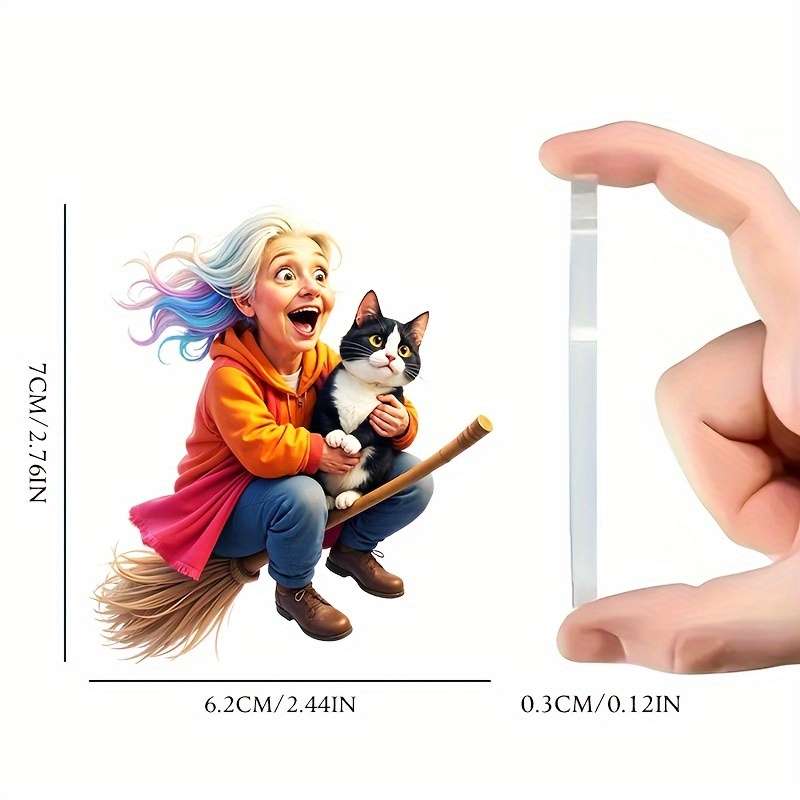 1pc 2D Flat    Whimsical Acrylic Ornament- Grandma on a Broom with a Cat  Perfect for car