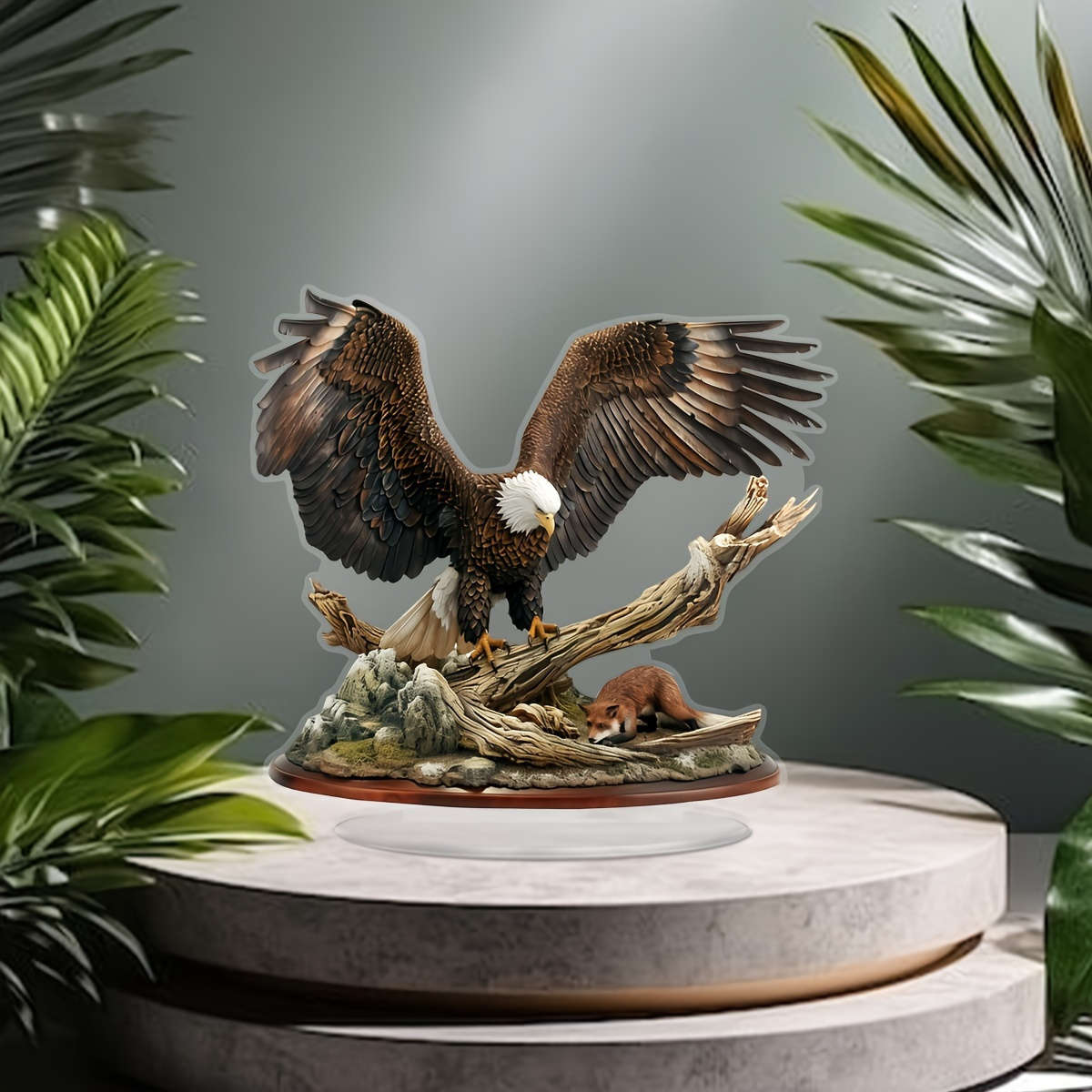 2D Flat Boho Acrylic Eagle Decor with Mountain Forest Base Majestic Eagle Perched