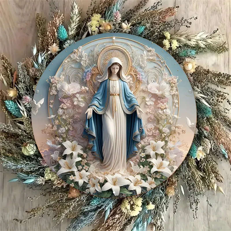 1pc Vintage Metal Sign Virgin Mary with Floral Background Aluminum Round Poster Sacred Imagery Retro