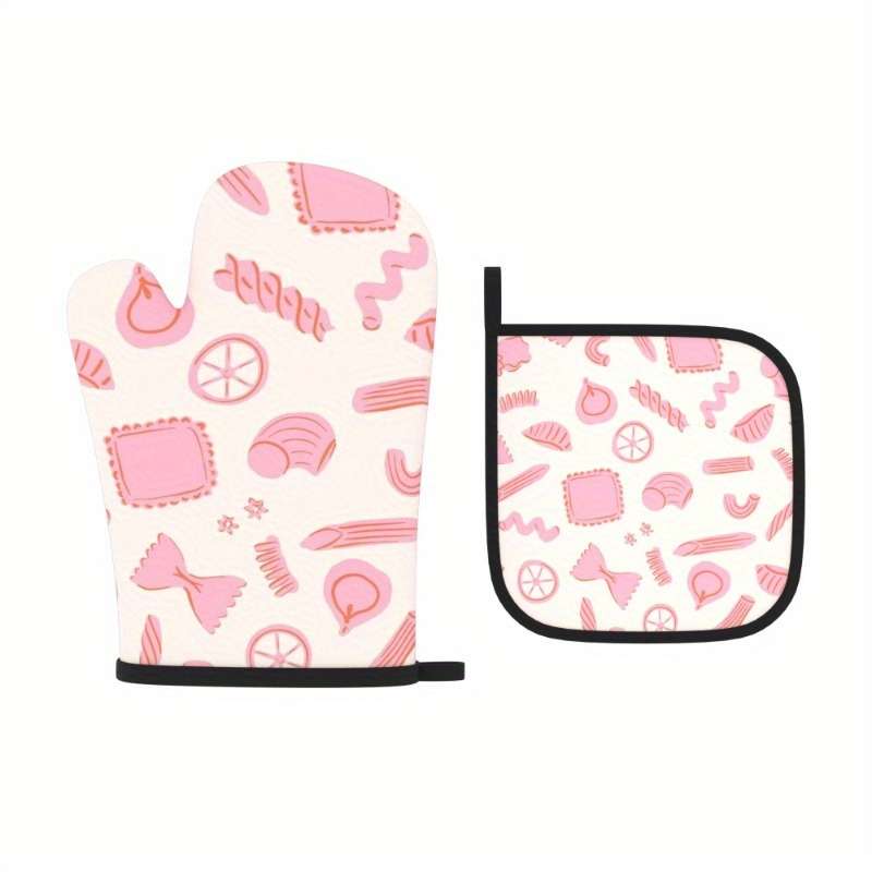2-Pack Pink Pattern Polyester Oven Mitts 26.92x17.02 cm Heat Resistant Kitchen Potholders Ma