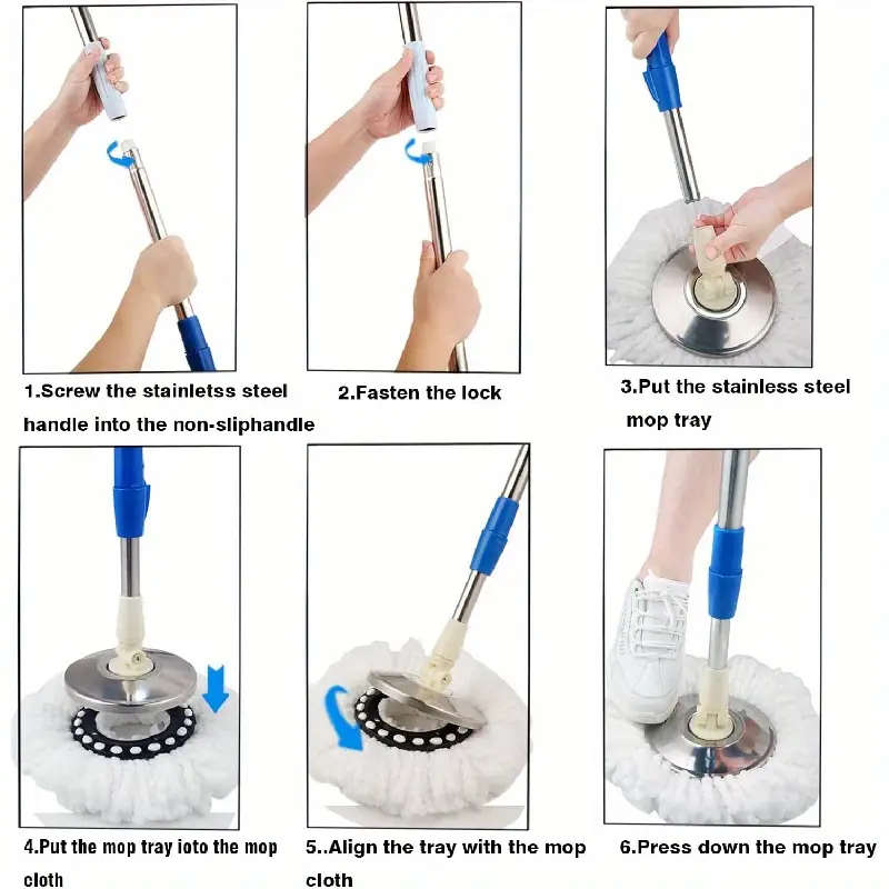 360° Rotating Mop Bucket Set with Stainless Steel Extended Handle and Microfiber Replacement Pads -