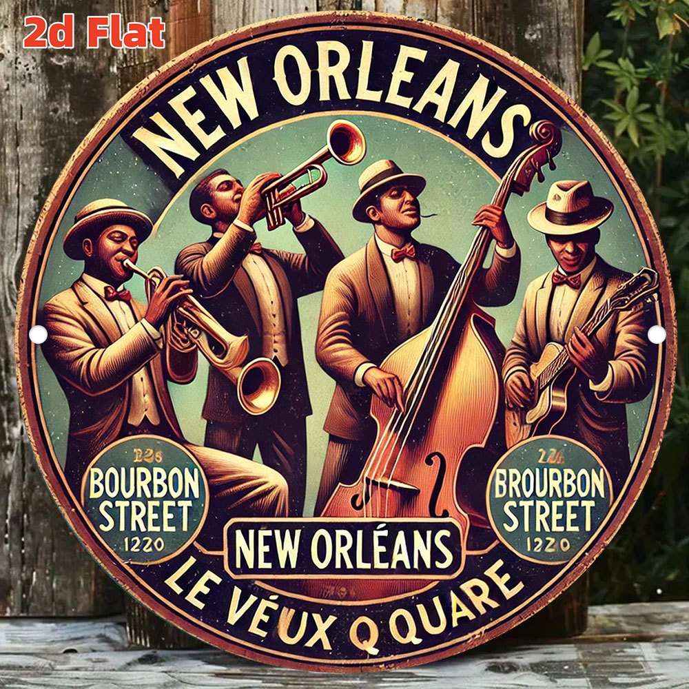 2D Flat Vintage New Orleans Jazz Band 2D Aluminum Wall Art Rustic Round Decorative Plaque W