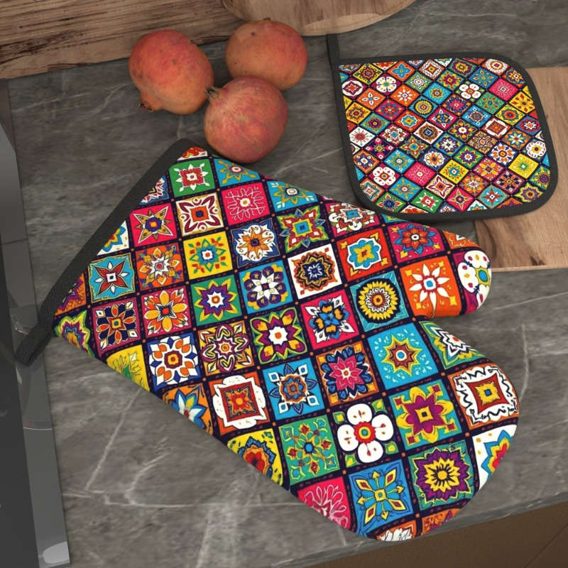 2pcs Floral Pattern Oven Mitts and Potholders Set Heat Resistant Polyester Kitchen Accessories