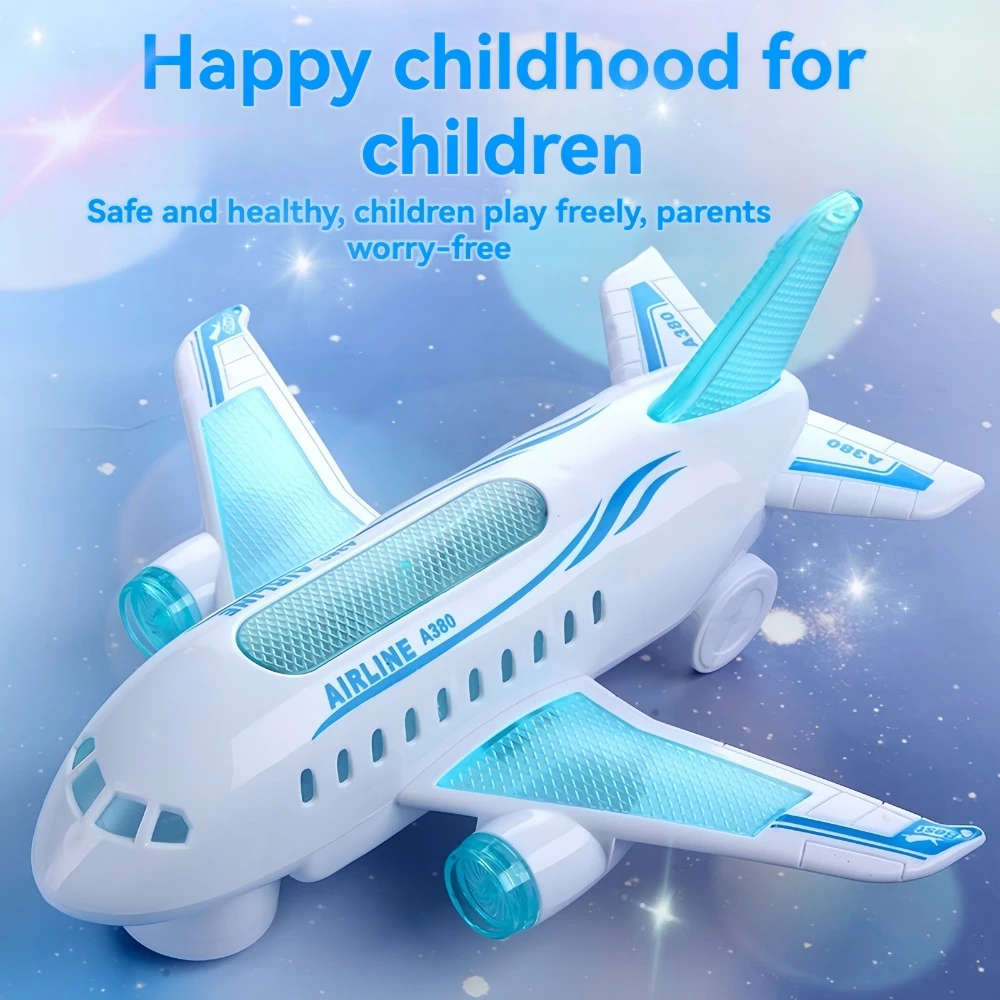 Kids Glowing Led Electric Airplane Toy Abs Material Music And Sound Effects Battery Powered Hori