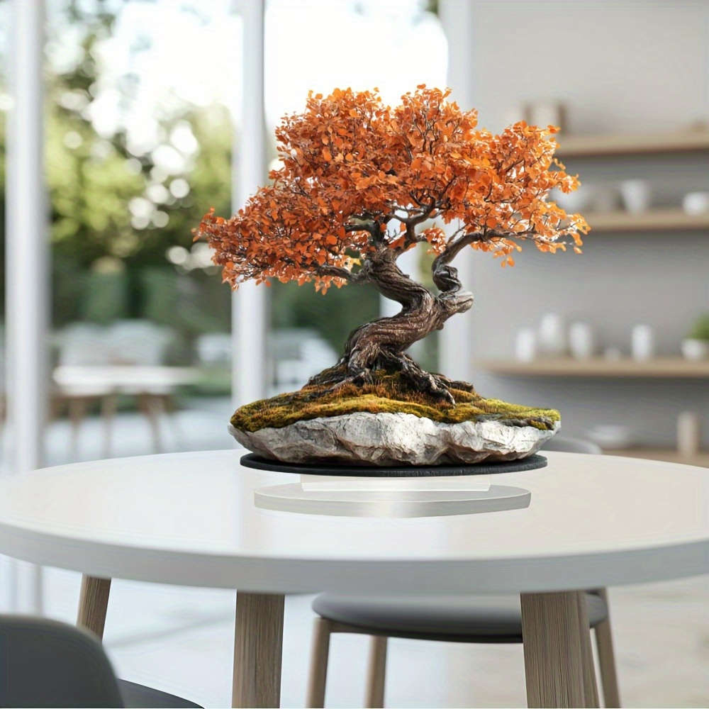 2D Flat Acrylic Bonsai Tree With Golden Leaves Sturdy Stone Base Bohemian-Style De