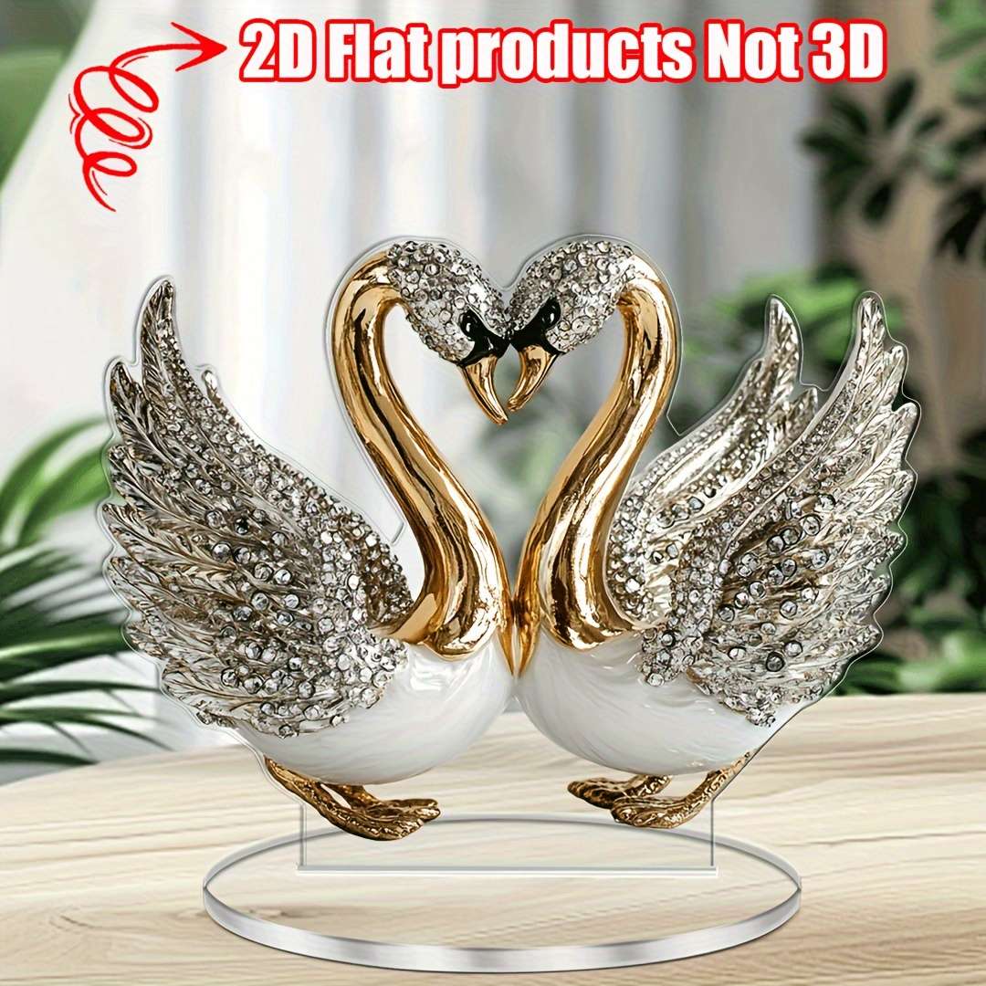 2D Flat  Acrylic Swan Sculpture 18.03Cm X 14.0Cm Elegant White Golden-Toned