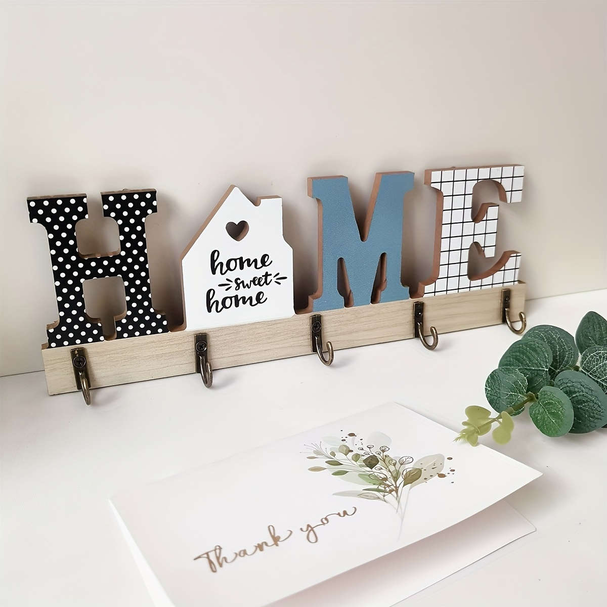 Rustic Wooden Floating Frame Hook Wall DecorAntique Key Holder with HOME Sign Easy Install Entry