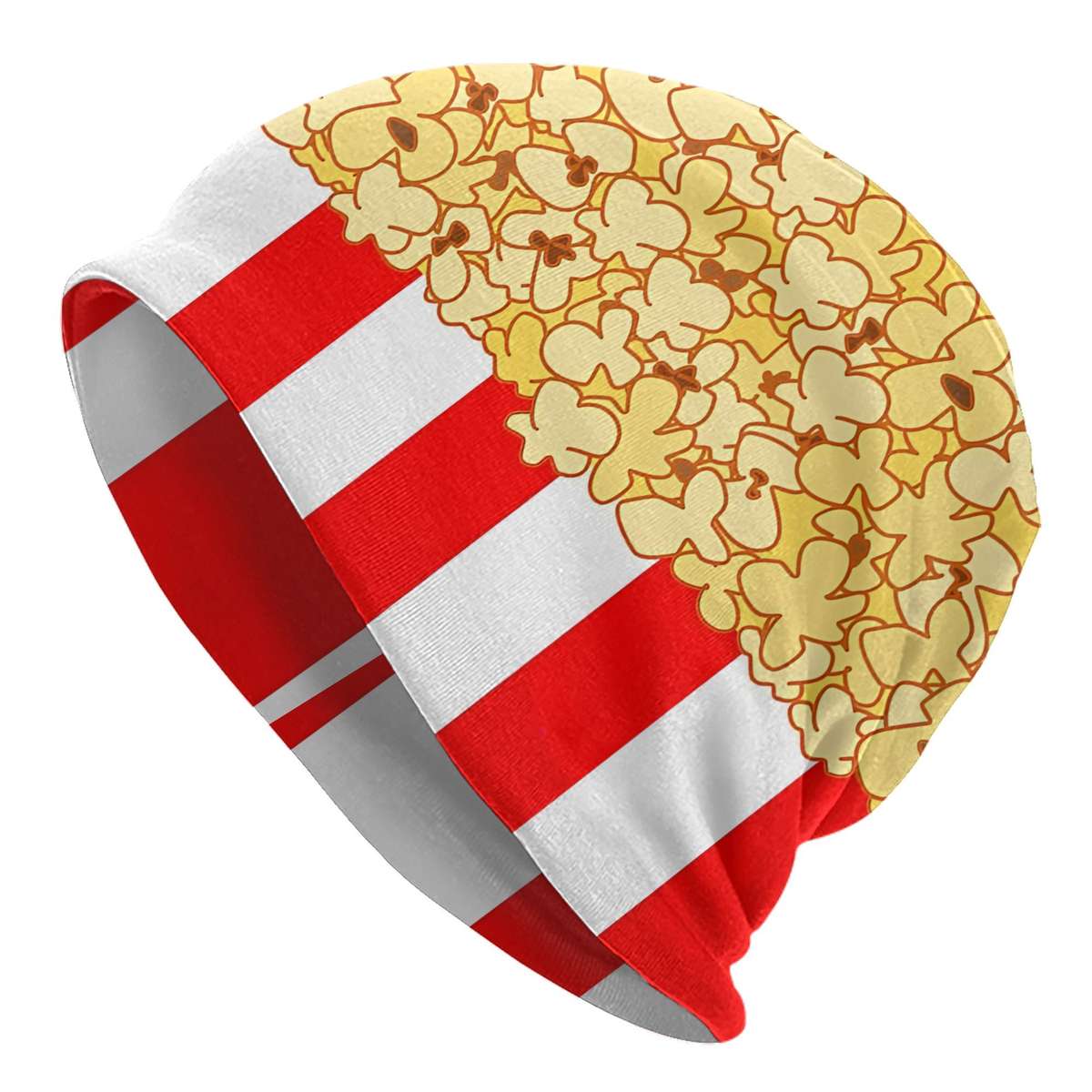 Men's Popcorn Print Beanie Fashionable Red White Striped Knit Hat with Yellow Popcorn D