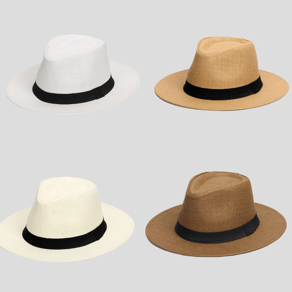 1pc Men'S Woven Straw Jazz Hat with Decorative Ribbon Elegant Wide-Brim Vintage Style for Outdo