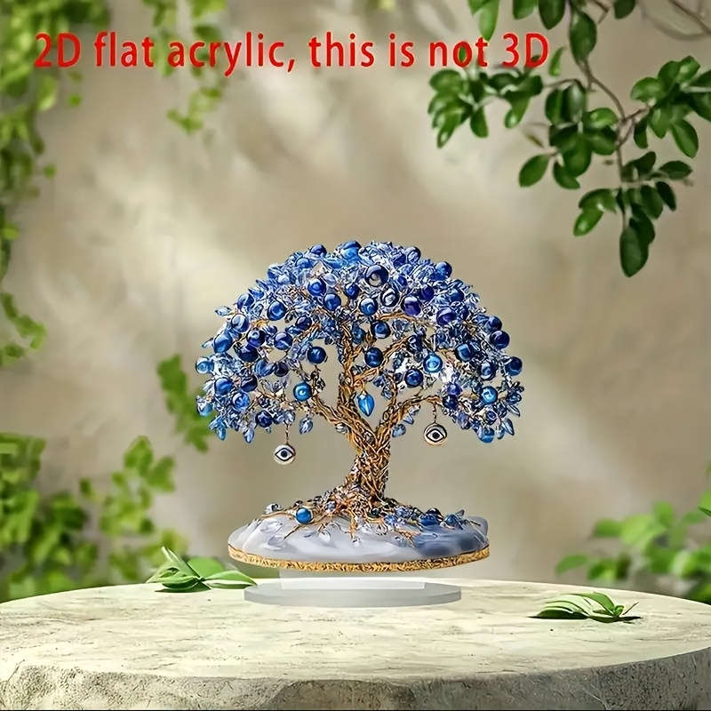 1pc 2D Flat  Elegant  Turkish Evil Eye Tree Acrylic Desktop Decor Blue Clear Beads with Golde