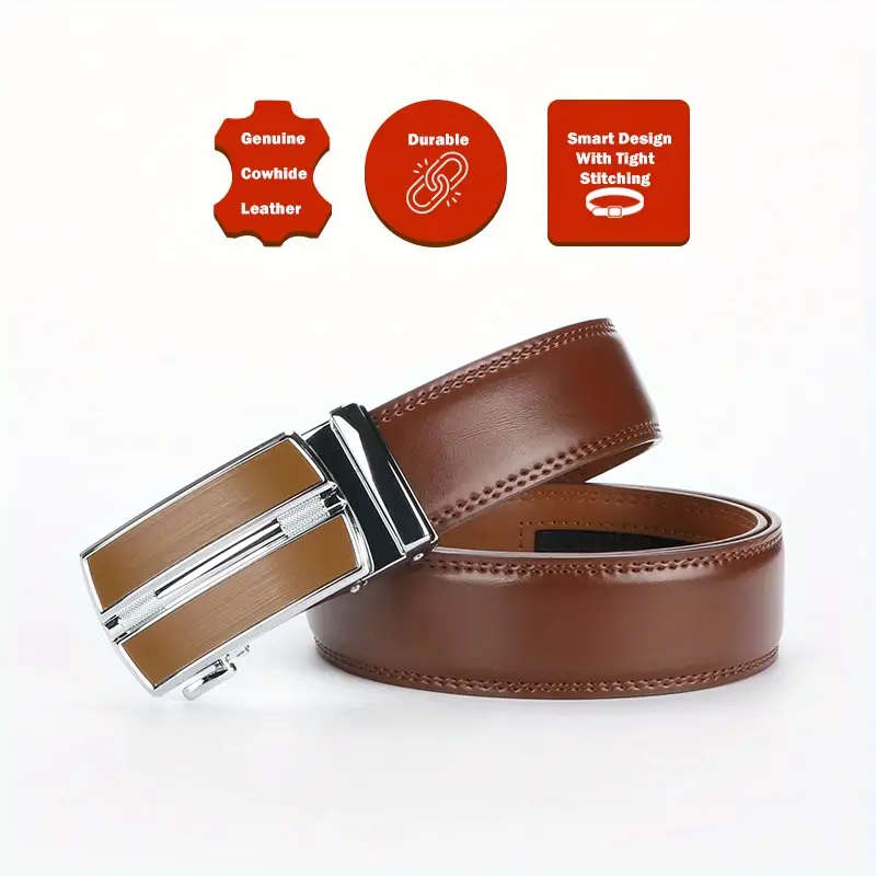 Men's Genuine Leather Ratchet Belt with Adjustable Automatic Brown 110CM