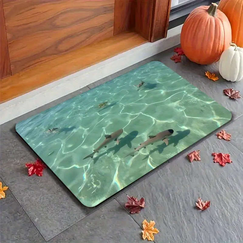 Underwater Shark Pattern Bathroom Anti-Slip Mat, Diatom Mud Floor Rug - Quick-Dry Absorbent