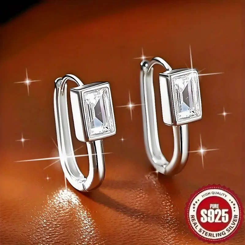 925 Sterling Silver Plated Bohemian Starry Sky Earrings - U-Shaped Hoops Sparkling Cubic Zirconia