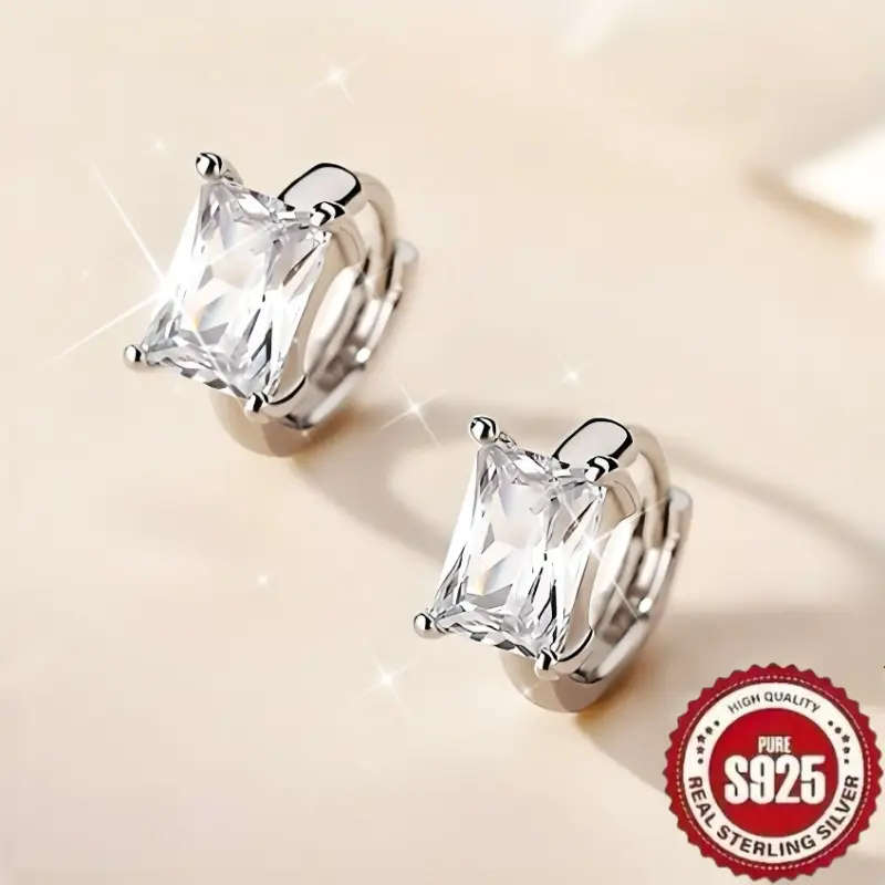 925 Sterling Silver Plated Retro Exquisite French Style, Rectangular Synthetic Zirconia Earrings
