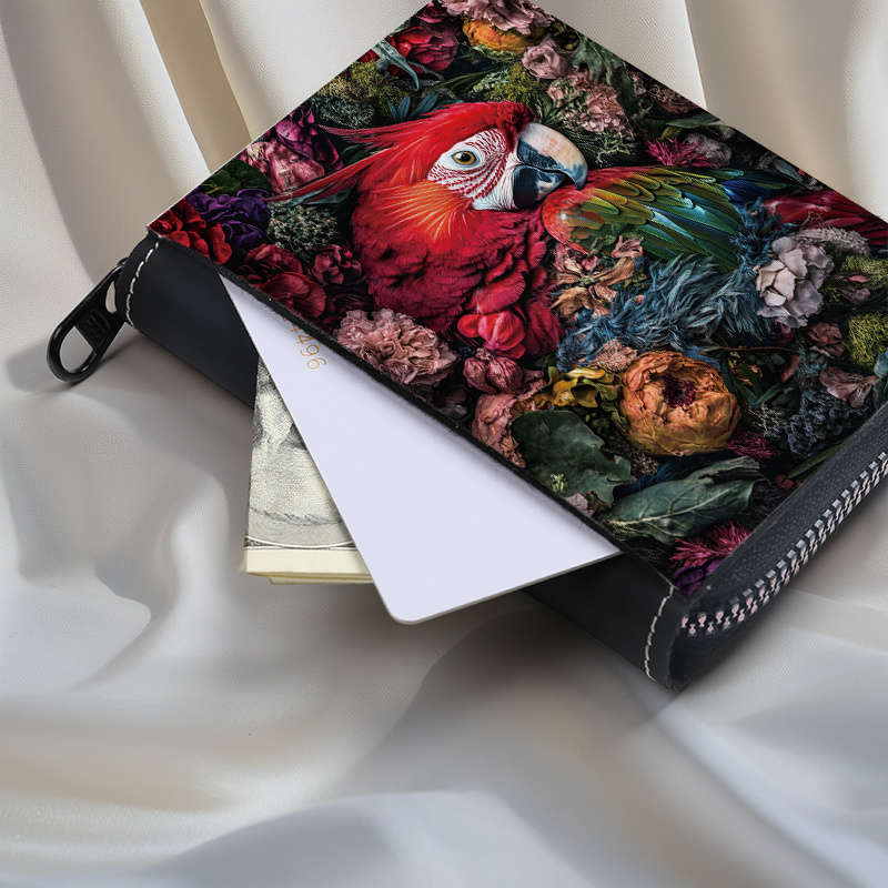 Tropical Parrot Print Womens Wallet Vibrant Floral Bird Design Multi-Card Slots Zipp