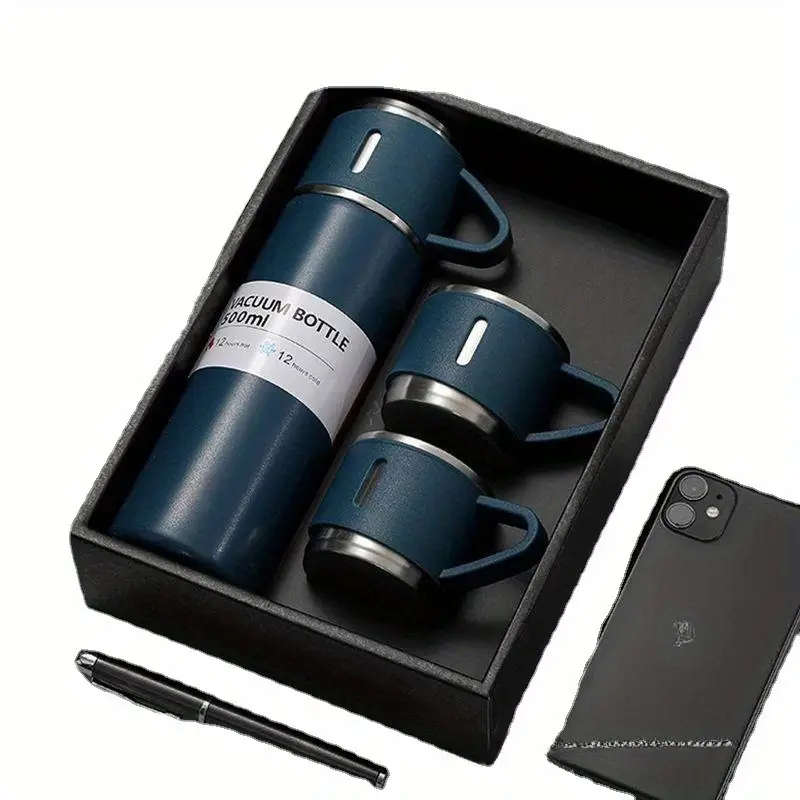 Set of 3 Vacuum Flasks Including a 500ml/16.9oz Thermal Mug for Business Use Made of Stainless Steel