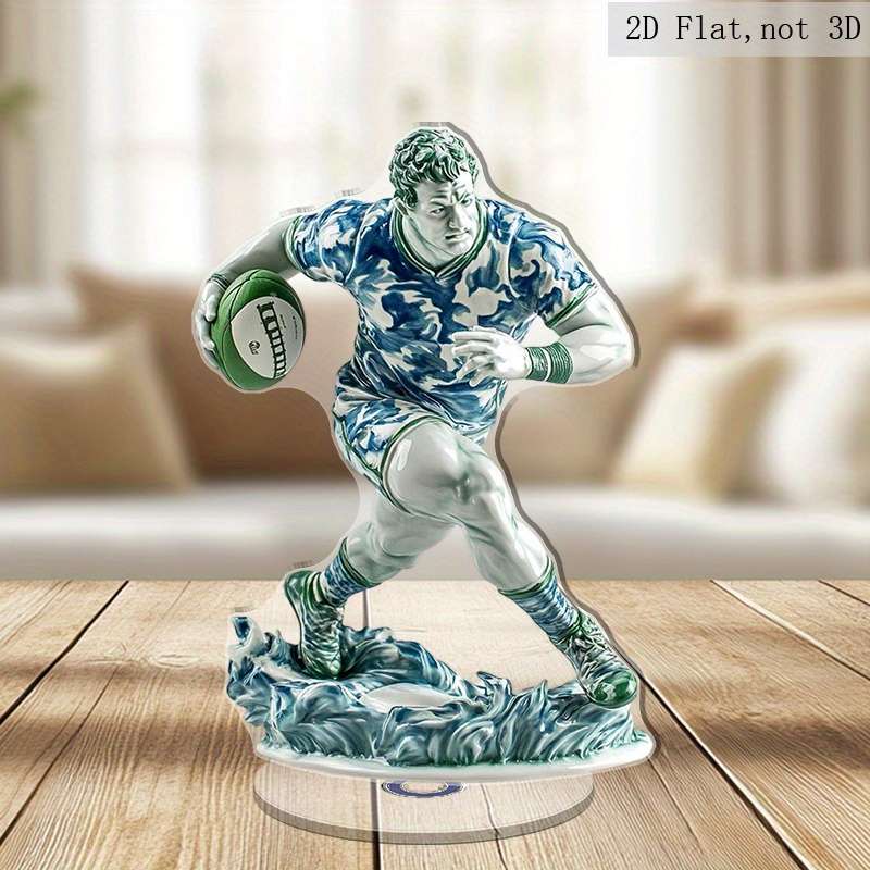 2D Flat Rotating Acrylic Rugby Player Figurine Blue and White Porcelain Style Relax Deskt