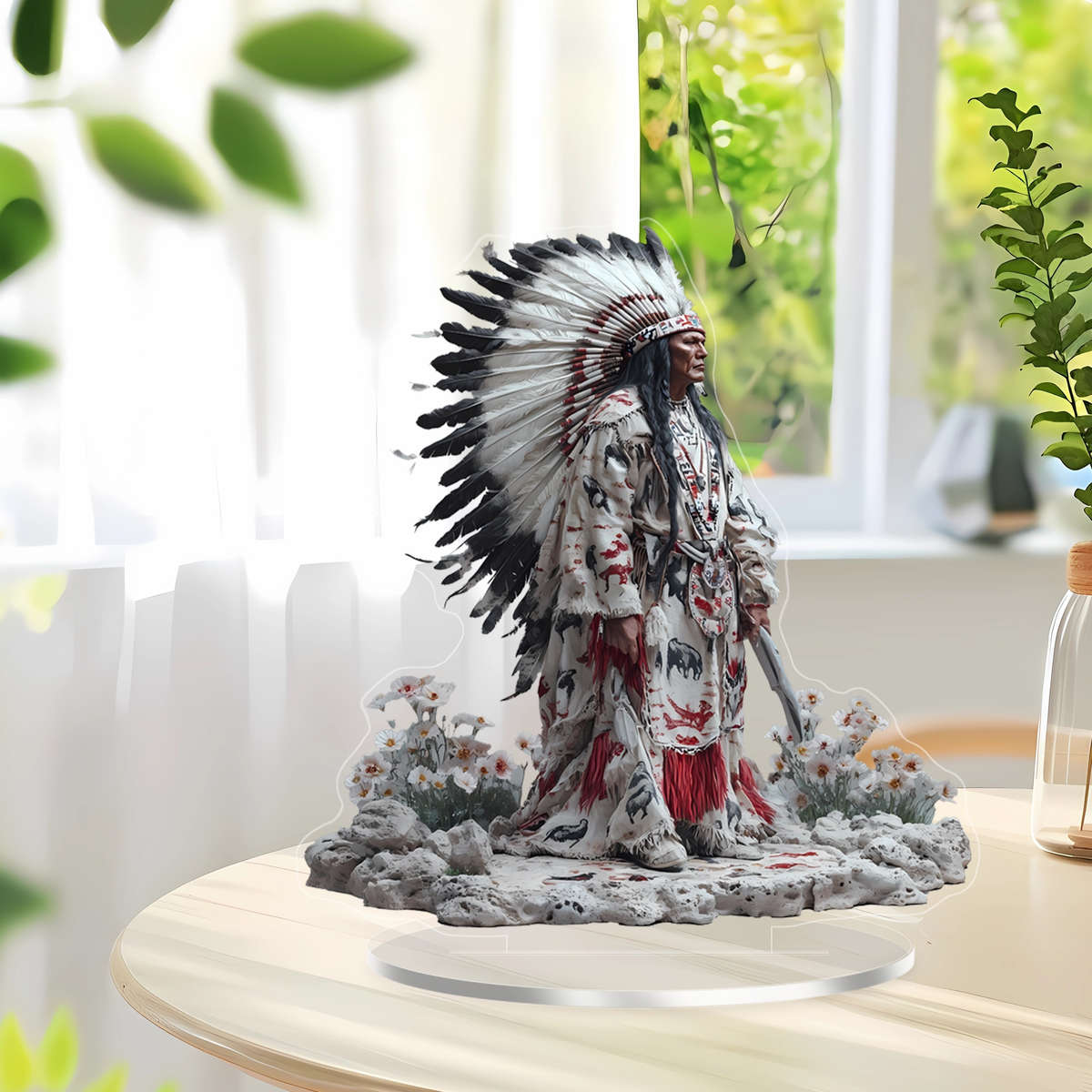 1pc 2D Flat  A  Vintage Acrylic Statue Decoration Featuring Traditional Feather Headdresses And Dr