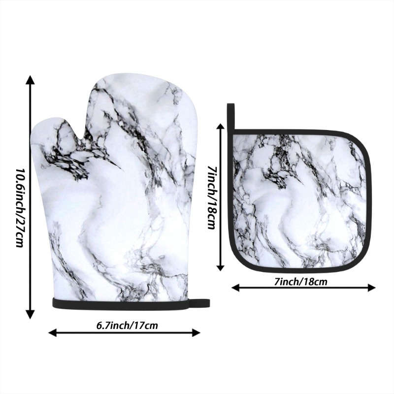 2pcs Marble Pattern Polyester Oven Mitts Heat Resistant Pot Holders Woven Machine Washable