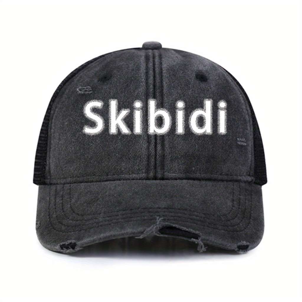 1pc Skibidi Printed Baseball Cap Solid Color Washed Distressed Mesh Trucker Hat Breathable Adjustab