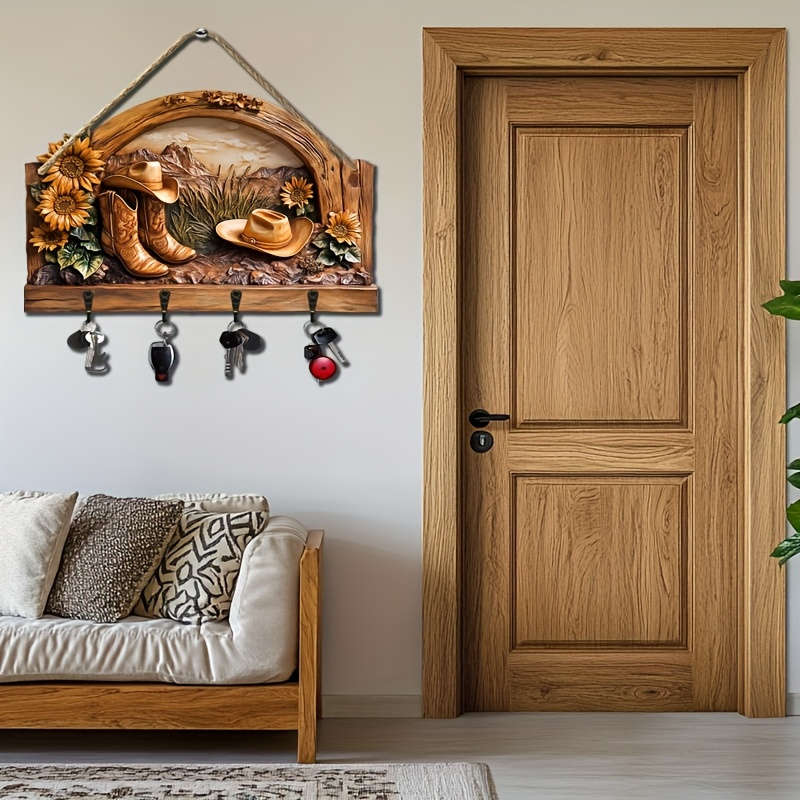A Sunflower Cowboy Hat a Simple Colorful Wooden Key Hook with Four Metal Hooks (30.0cm X 24.99cm)