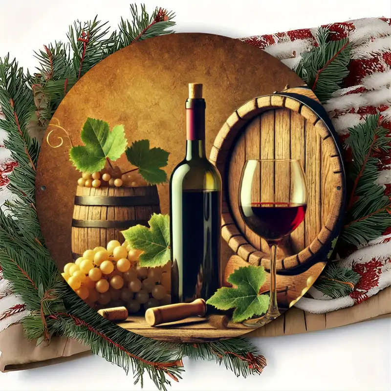 Vintage-Themed Grape And Barrel 2D Round Aluminum Sign High-Definition Foil Engraving Wall Decor