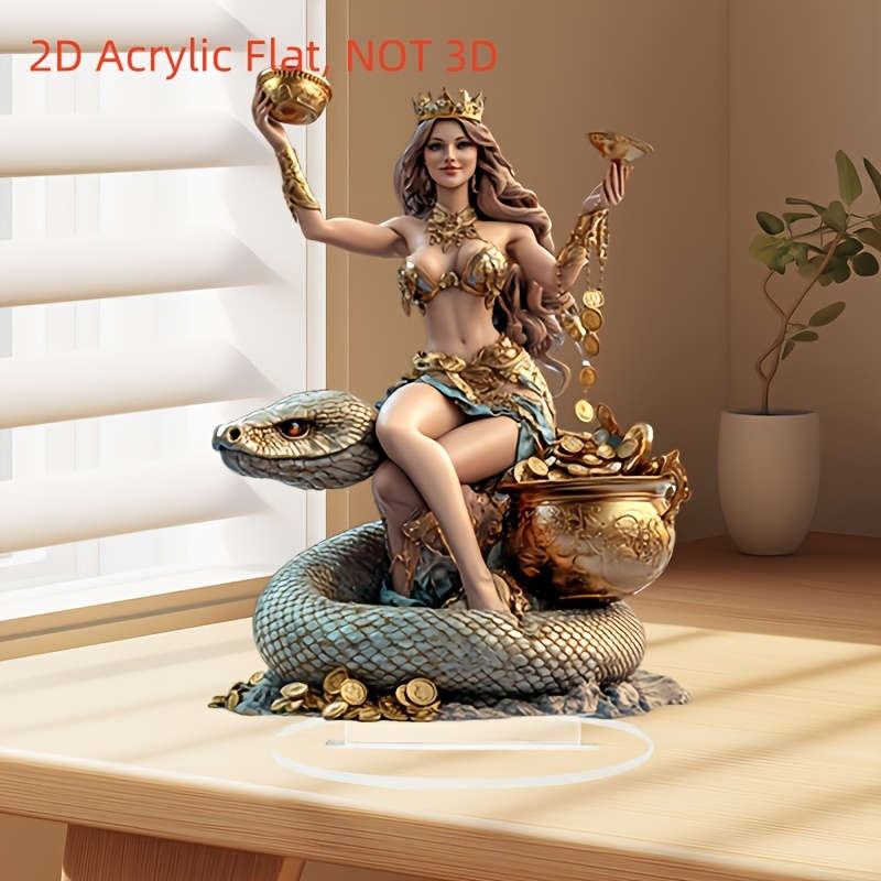 1pc 2D Flat  Elegant Bohemian  Acrylic Snake Goddess Statue with Golden Accents Luxurious Deskt