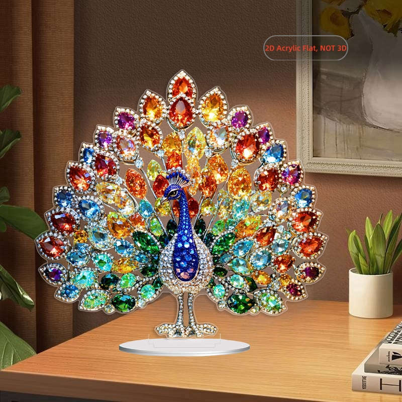 1pc 2D Flat  Vibrant  Acrylic Peacock Tabletop Display with Base Colorful Gemstone Design 18.3