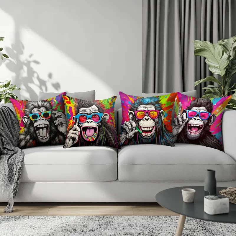 4 Piece Punk Style Monkey with Fashion Glasses Pillow Covers - Soft Zipper Closure