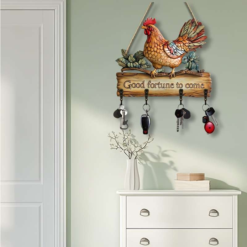 1 piece2Dflat Colorful Chicken Simple Colorful Wooden Household Key Hook with Four Metal Hooks(5.0