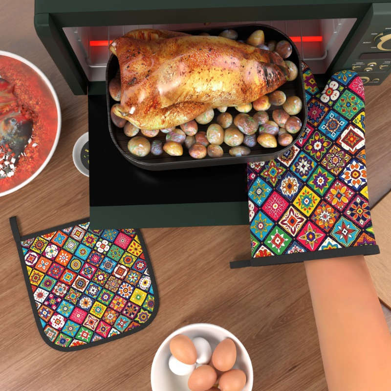 2pcs Floral Pattern Oven Mitts and Potholders Set Heat Resistant Polyester Kitchen Accessories