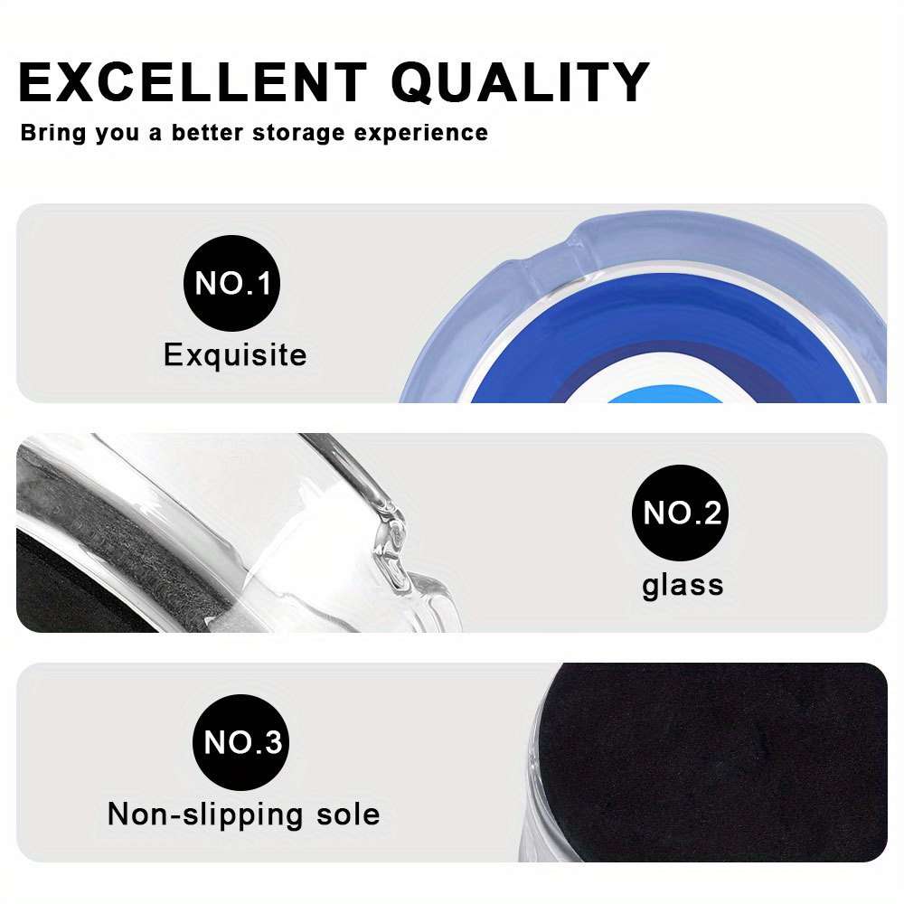 Round Glass Ashtray with Blue White Black Eye Design Modern Artistic Desktop Decor for Office