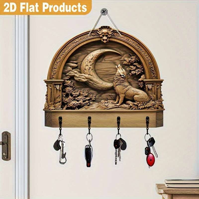 2D Flat Moon Wolf Simple Colorful Wooden And Home Key Holder With Four Metal Hooks 2D Flat Wal