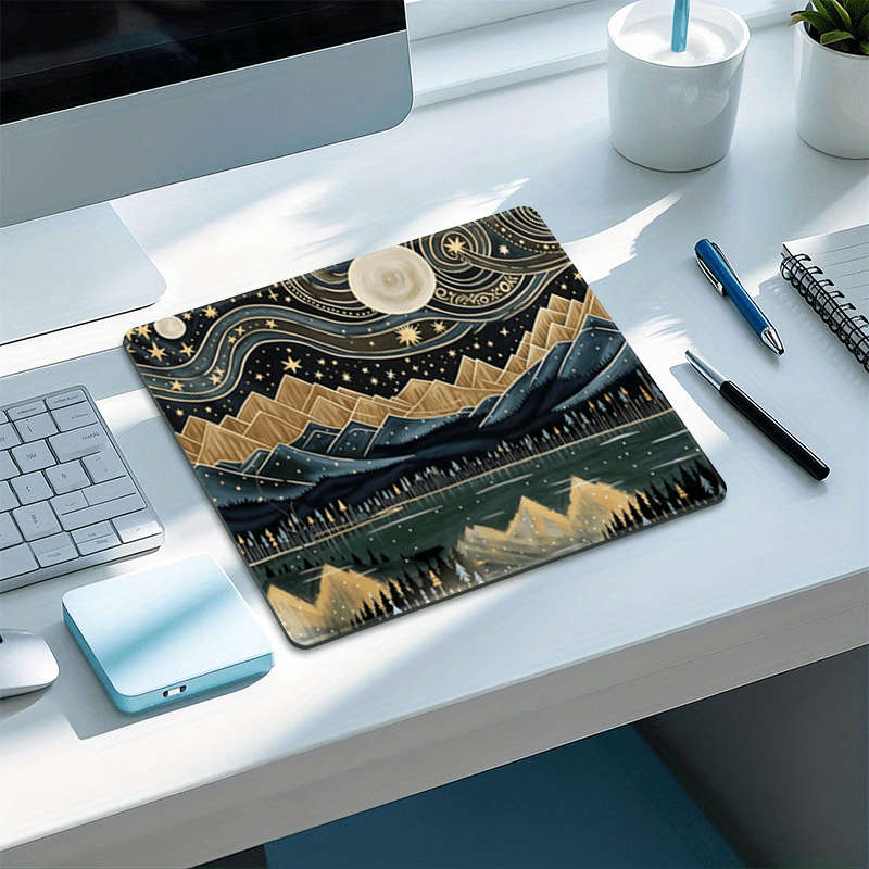 1pc Unique Small Square Mouse Pad Featuring a Moonlit Night Sky And Mountain Design Perf