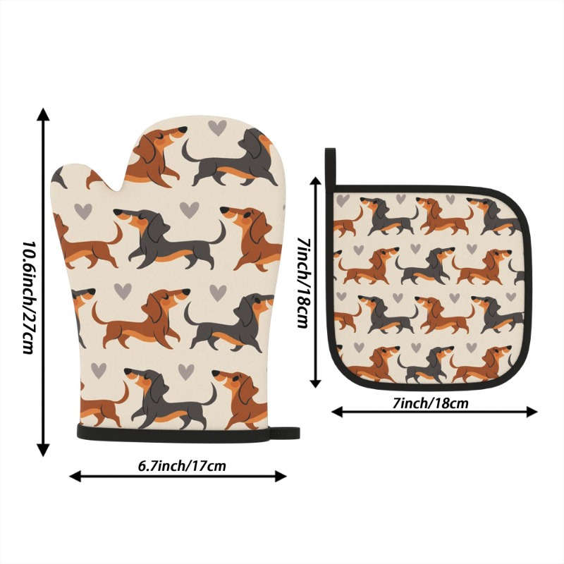2pcs Dachshund Pattern Polyester Oven Mitts and Potholders Set Heat Resistant Kitchen Grilling