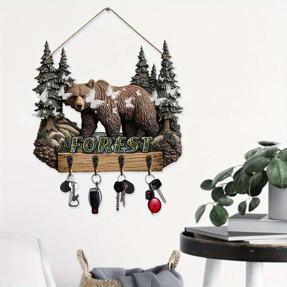 Vintage Forest Bear Wall HookRustic Wooden Key Holder with Brown Bear  Pine Tree Design Perfect
