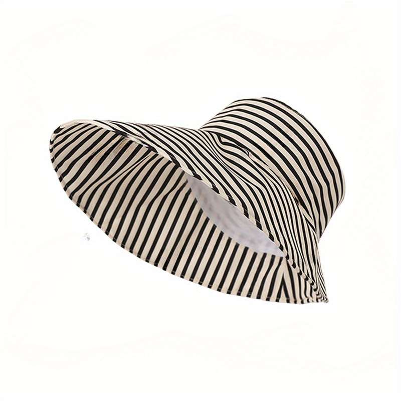Black White Striped Wide Brim Bucket Hat Lightweight Breathable Sun-Protective Fisherman