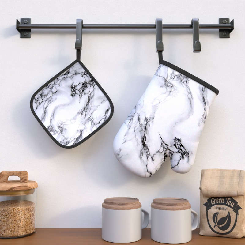 2pcs Marble Pattern Polyester Oven Mitts Heat Resistant Pot Holders Woven Machine Washable